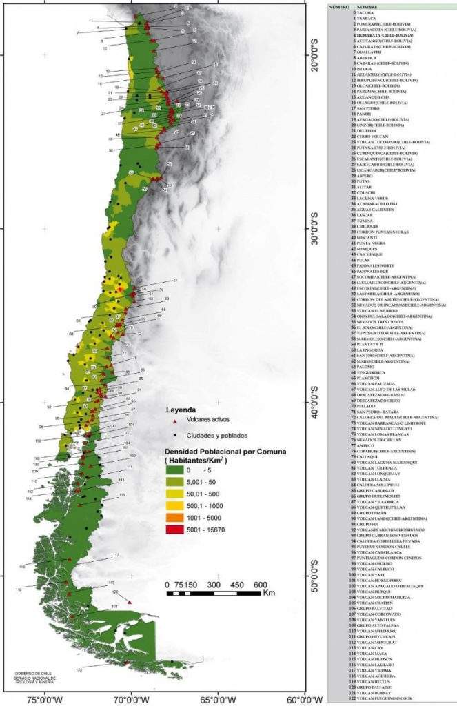 El Sernageomín publicó este año un plano con todos los volcanes de nuestro país. Son más de 100.