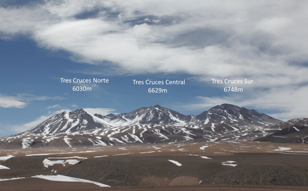 3 montañas de 6 mil metros en Chile: tres cruces norte; Tres cruces central; Tres cruces sur
